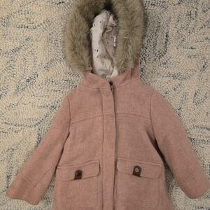 Zara Kids Pink Hooded Coat with Faux Fur Trim
